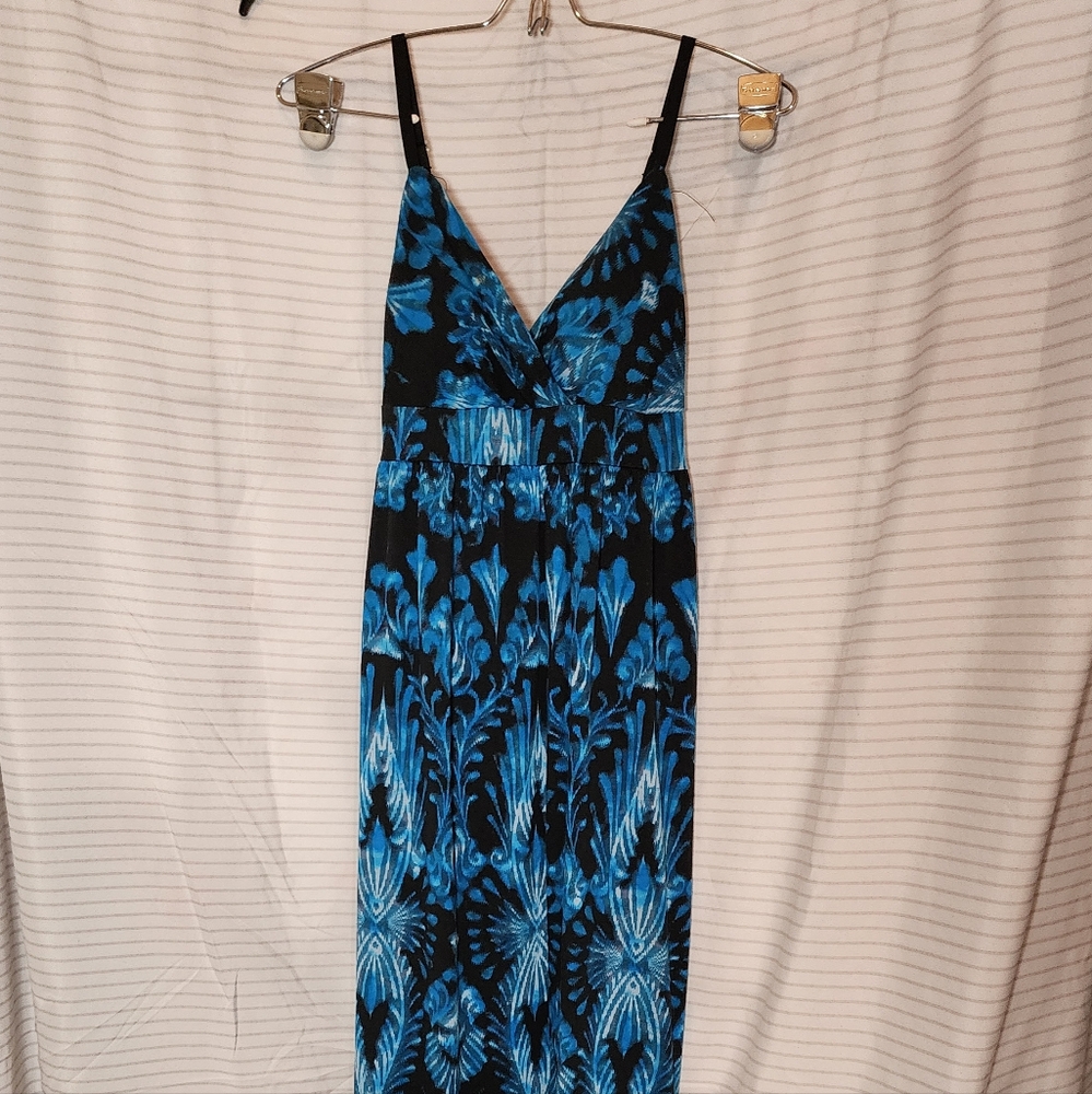 Blue and Black Long Patterned Women's Dress